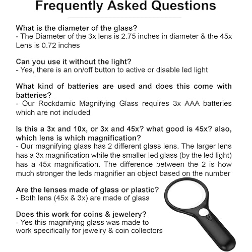 RockDaMic Professional Magnifying Glass with Light 3X 45x Large Lighted Handheld Glass Magnifier Lupa for Reading, Jewelry, Coins, Stamps, Fine Print - Strongest Magnify for Kids & Seniors