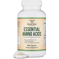 Essential Amino Acids - 1 Gram Per Serving Powder Blend of All 9 Essential Aminos EAA and all Branched-Chain Aminos BCAAs Leucine, Isoleucine, Valine 225 Capsules by Double Wood Supplements