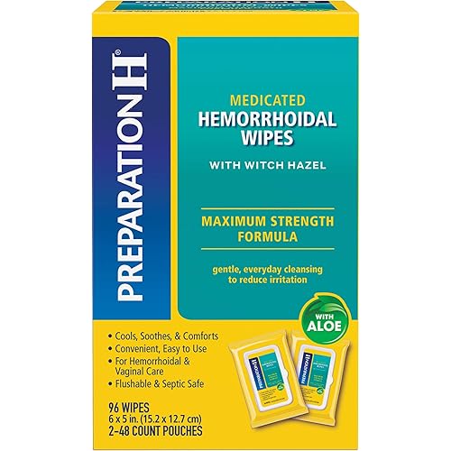 Preparation H Flushable Medicated Hemorrhoid Wipes, Maximum Strength Relief with Witch Hazel, Pouch 2 x 48 Count, 96 Count