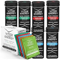 Viter Energy Extra Strength 3 Flavor 80mg Caffeine Mints Variety and Original Caffeine Mints Variety Sampler Bundle - Caffeine, B Vitamins, Sugar Free, Vegan, Powerful Energy Booster for Alertness