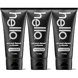Hello Activated Charcoal Toothpaste, Fluoride Free Toothpaste with Activated Charcoal, Teeth Whitening Toothpaste with Fresh Mint and Coconut Oil, No SLS, Vegan, Gluten Free, 3 Pack, 4 OZ Tubes