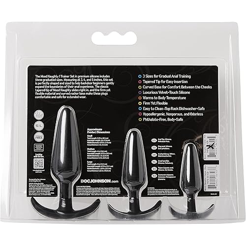 Doc Johnson Mood - Naughty 1 Trainer Set - Small, Medium, Large - Silicone Butt Plugs with Tapered Base for Comfort Between The Cheeks - Black