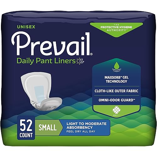 Prevail Incontinence Daily Pant Liners, Unisex, Light to Moderate Absorbency, Small, 52 Count