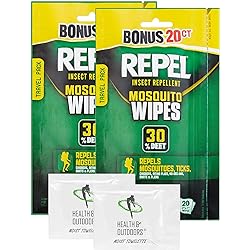 Repel 94100 Sportsmen 30-Percent Deet Mosquito Repellent Wipes, 2 Packs of 20 Count - 40 Total