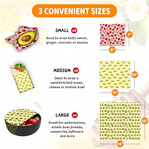 Reusable Beeswax Wrap - 9 Pack, Beeswax Wraps for Food, Eco-Friendly Beeswax Food Wrap, Organic, Sustainable, Biodegradable, Zero Waste, Plastic-Free Food Storage, 1L Kiwi, 3M Pineapple, 5S Strawberry