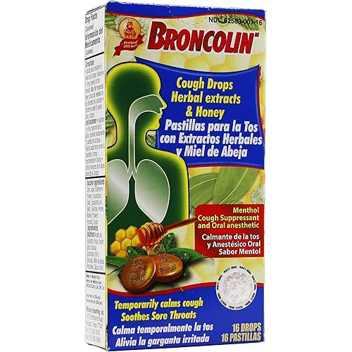 Broncolin Cough Drops, Honey and Herbal Extracts, Helps as a Cough Suppressant, Temporarily Calm Cough and Soothes Sore Throats, Menthol, 3-Pack of 16 Drops, 3 Boxes