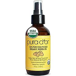 PURA D’OR Organic Jojoba Oil 4oz 118mL 100% Pure USDA Certified Premium Grade Natural Moisturizer: Cold Pressed, Unrefined, Hexane-Free Base Carrier Oil for DIY Skin Care, Hair, Face & Nails
