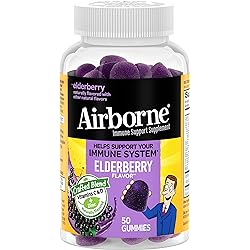 Airborne Elderberry Zinc & Vitamin C Gummies For Adults, Immune Support Vitamin D & Zinc Gummies With Powerful Antioxidant Vitamins C D & E - 50 Gummies, Elderberry Flavor