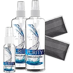 Purity Eyeglass Lens Cleaner Kit - 2 x 8oz and 1 x 2oz Lens Cleaner Spray Bottle 2 Microfiber Cleaning Cloths - Safe for All Lenses AR Coated Included, Eyeglasses and Screens - Clear