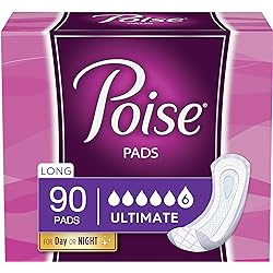 Poise Incontinence Pads for Women, Ultimate Absorbency, Long, Original Design, 90 Count 2 Packs of 45 Packaging May Vary