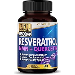 3 in 1 High Strength Resveratrol 11500mg with NMN Quercetin Healthy Aging Immune Brain Boost Joint Support 90 Count Pack of 1