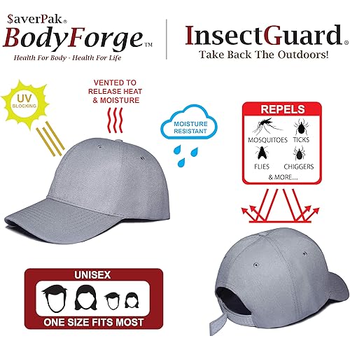 BodyForge & InsectGuard - Permethrin Treated Mosquitoes, Flies, Ticks & More Insect Repellent Sports & Outdoors Mens, Womens and Childrens Running, Hiking, Fishing and Camping Baseball Cap Grey