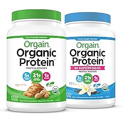 Orgain Organic Plant Based Protein Powder, Peanut Butter - Vegan, Low Net Carbs, 2.03 Pound & Organic Plant Based Protein Superfoods Powder, Vanilla Bean - Vegan, Non Dairy, Lactose Free, 2.02 lb
