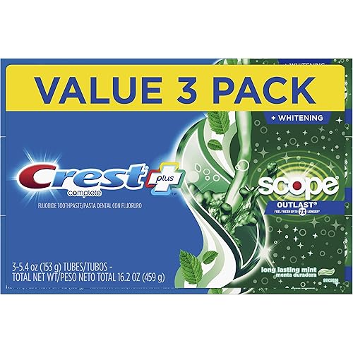 Crest Complete Whitening Scope, Long Lasting Mint Toothpaste, Triple Pack 3 Count of 5.4 oz Tubes, 16.2 oz