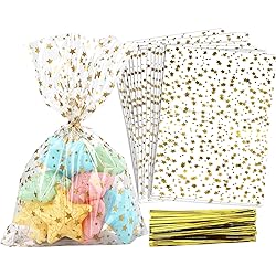 COQOFA 100 Pcs Star Printed 5"X 7" Gift Wrap Cello Cellophane Treat Bags Party Favor bags Clear Candy Cookie Bags Plastic Poly Goodie Storage Bags with Twist Ties for Bakery,Birthday, Wedding ,Party Decorations Gold