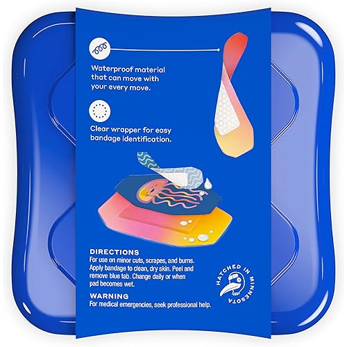 Welly Bandages - Waterproof | Adhesive Flexible Fabric Bravery Badges | Assorted Shapes for Minor Cuts, Scrapes, and Wounds | Colorful and Fun First Aid Tin | Jellyfish Patterns - 39 Count