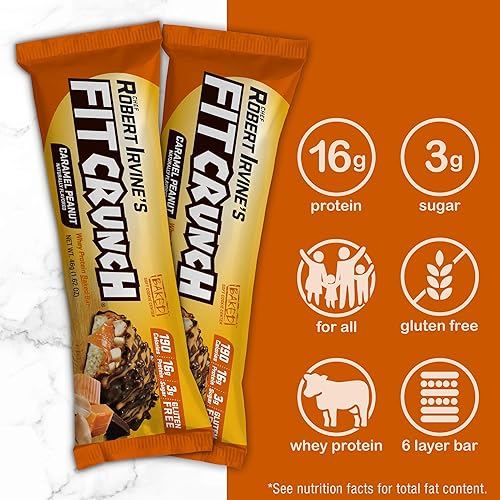 FITCRUNCH Snack Size Protein Bars, Designed by Robert Irvine, World’s Only 6-Layer Baked Bar, Just 3g of Sugar & Soft Cake Core 18 Count, Caramel Peanut