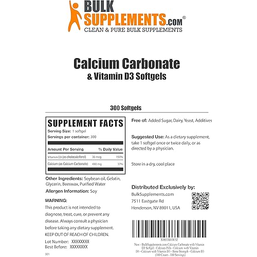 BulkSupplements.com Calcium Carbonate with Vitamin D3 Softgel - Calcium Pills - Calcium with Vitamin D Softgels - Calcium D3 Supplement - Calcium Pills - Calcium Supplement 300 Count - 300 Servings