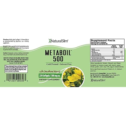 NaturalSlim Metaboil 500 w Evening Primrose Oil & GLA Gamma-Linolenic Acid - Solvent Free Cold Pressed Supplements - Natural Anti-Inflammatory & Burner of Resistive Fat - 500mg, 250 Softgels