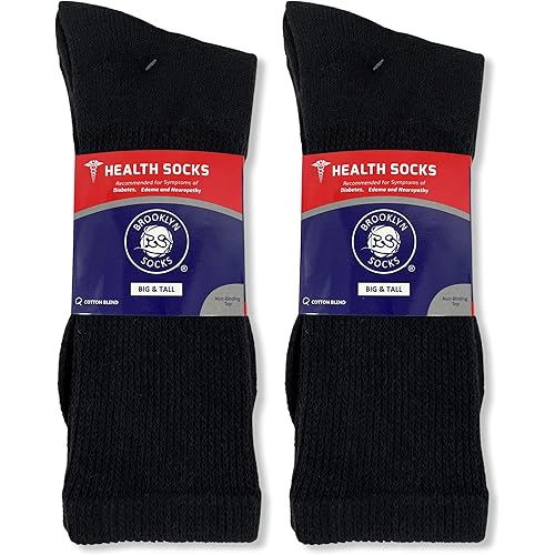 Big and Tall Diabetic Cotton Neuropathy Crew Socks, King Size Mens Athletic Crew Socks 13-16, Black - 6 pairs