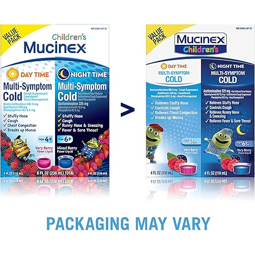 Cold & Cough, Mucinex Children's Multi-Symptom DayNight Liquid, Very Berry, 8oz 2x4oz Relieves Nasal & Chest Congestion, Thins & Loosens Mucus, Controls Cough, Reduces Fever, Soothes Sore Throat