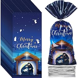 100 Pack Holy Nativity Cellophane Gift Bag Religious Christmas Plastic Treat Bag Xmas Nativity Cello Goody Bags with Ties for Kids Birthday Party Christmas Party Decorations Supplies