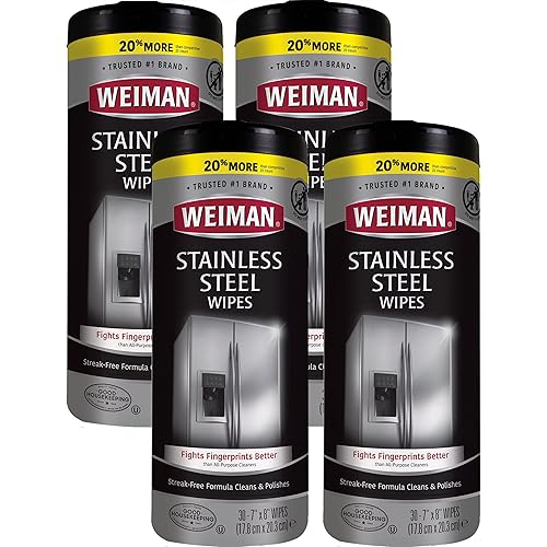 Weiman Stainless Steel Cleaner Wipes 4 Pack Removes Fingerprints, Residue, Water Marks and Grease from Appliances - Works Great on Refrigerators, Dishwashers, Ovens, and Grills