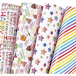 PlandRichW Birthday Wrapping Paper for Kids, Boys, Girls, Adults. Gift Wrapping Paper Includes Happy Birthday, Star, Rainbow, Cake 4 Colorful Designs for Baby Shower, Holiday, Party. Pack Of 12 Sheets Folded Flat, 20 X 29 Inch