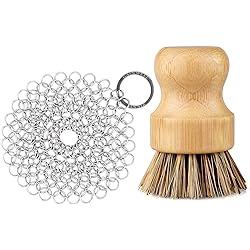 GAINWELL Stainless Steel Chainmail Scrubber Set Cast Iron Cleaner 4in with Wood Scrub Cleaning Brushes