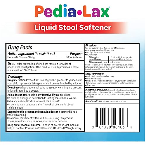 Pedia-Lax Liquid Stool Softener for Kids, Ages 2-11, Berry Flavor, 4 Fl Oz Pack of 3