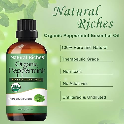 Natural Riches Organic Peppermint Oil Essential Oil for Aromatherapy with Diffuser Therapeutic Grade - Cooling Smell Fresh Mint Oil & Menthol 1fl oz
