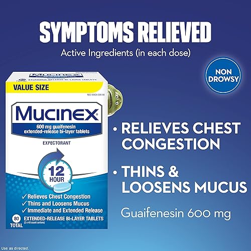 Mucinex 12 Hour Chest Congestion Medicine, Chest Congestion Relief, Expectorant, Lasts 12 Hours, Powerful Symptom Relief, Extended-Release Bi-Layer Tablets, 80 Count
