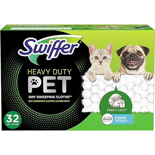 Swiffer Sweeper Pet, Heavy Duty Dry Sweeping Cloth Refills with Febreze Odor Defense, 32 Count