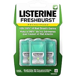 Listerine Freshburst Pocketpaks Breath Strips, Dissolving Breath Freshener Strips Kill 99% of Germs that Cause Bad Breath, Portable for On-the-Go, Minty Flavor, 3 packs of 24-strips Each
