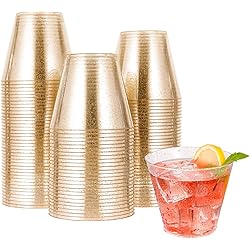 100pcs 9OZ Gold Plastic Cups,Disposable Gold Glitter Plastic Cups,Clear Plastic Tumblers,Wedding Thanksgiving, Christmas Party Cups
