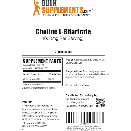 BulkSupplements.com Choline L-Bitartrate Capsules - Cognitive Support Supplements - Choline Pills - Liver Focus Supplement - Choline Bitartrate Capsules 300 Gelatin Capsules - 300 Servings