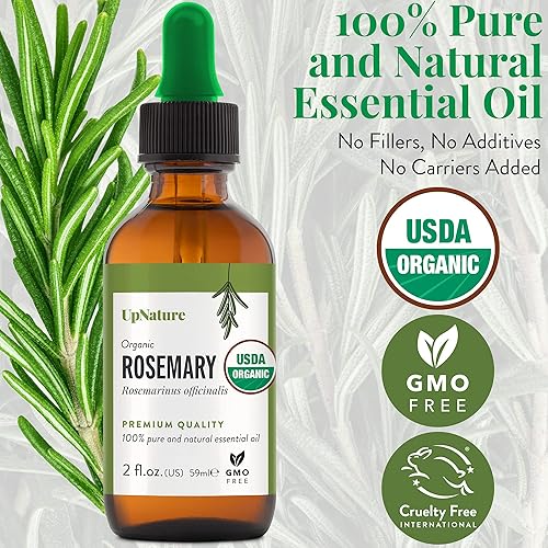Organic Rosemary Essential Oil 2 OZ – USDA Certified Organic, Pure Rosemary Oil, Therapeutic Grade, Undiluted, Non-GMO – Healthy Hair Growth, Improve Focus and Memory, Aromatherapy with Dropper
