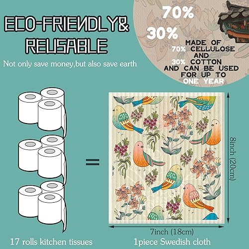 6 Pcs Swedish Kitchen Dishcloths Multi Purpose Kitchen Towel Flower Absorbent Dish Towels Soft Reusable Cleaning Dish Cloths Washable Decorative Tea Towels Bar Hand Towel Bird