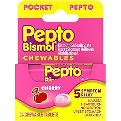 Pepto Bismol To Go Chewable Tablets, Cherry, 2 Bottles of 12, Indigestion, Upset Stomach Nausea, Heartburn and Diarrhea Relief, 24 Count