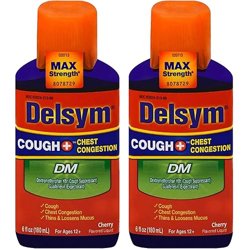 Max Strength Delsym Cough Plus Chest Congestion DM Liquid, Cherry Flavor, 6 fl. oz. Relieves Cough, Chest Congestion, and Thins & Loosens Mucus Pack of 2