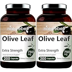 2 Pack Olive Leaf Extract, 750mg Per Serving, Maximum Strength 20% Oleuropein, 200 Counts 200 Days Supply, Made with Olive Leaf for Immune and Internal Circulation Health Support, Non-GMO