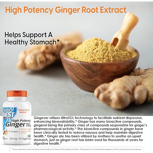 Doctor's Best High Potency Ginger with Gingever, Digestive Health, Motion Sickness & Support Gastrointestinal Health, 250mg, 60 VC