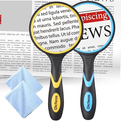 Dicfeos 2 Pack Magnifying Glass, 10X Handheld Reading Magnifier for Kids and Seniors, 3 Inch Non-Scratch Quality Glass Lens, Shatterproof Design, Microfibre Cleaning Cloth Included