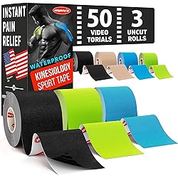 Waterproof Kinesiology Tape - [3 Rolls] - Kinetic Tape - Joints Support & Muscle Pain Relief - 16.4 ft Uncut Knee Tape 50 Videos - Muscle Tape