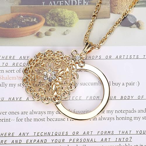 Magnifier Necklace Pendant Jewelry Loupe Magnifying Glass Portable Hanging Reading Amplifier with Alloy Chain Women The Elder Low Vision Hollow Reading Glass Lens for Map Magazine Newspaper
