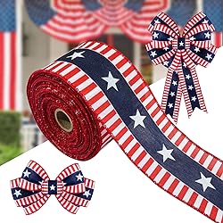 4th of July Patriotic Ribbons 2.5 Inch ×10 Yards, Memorial Day Wired Edge Ribbon Blue Red Burlap Ribbons American Stars Stripe Ribbon Bows for Gift Wrapping American Memorial Day Decorations