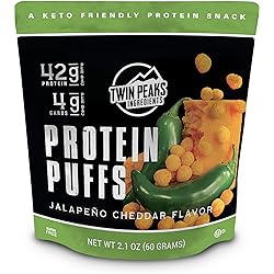 Twin Peaks Low Carb, Keto Friendly Protein Puffs, Jalapeno Cheddar 2 Servings, 3 Pack 60g, 42g Protein, 4g Carbs