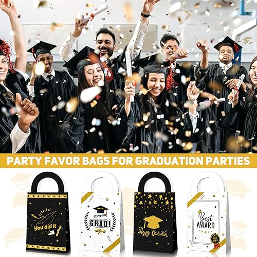 12 Pcs Graduation Party Gift Bags with Handles 2022 Graduation Bag, Graduation Gift Bag Black and Gold Wrapping Paper Bags Party Favor Bags for Congratulations Gifts School Graduate Supplies