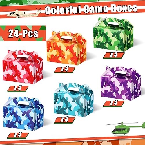 24 Pack Camo Party Favor Boxes Colorful Tie Dye Candy Boxes Army Kraft Paper Treat Boxes Camouflage Gift Boxes for Kids Birthday Party Supplies