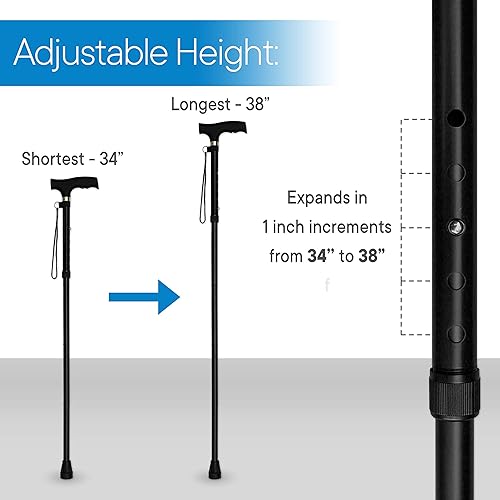 RMS Folding Cane - Foldable, Adjustable, Lightweight Aluminum Offset Walking Cane - Collapsible Walking Stick with Ergonomic Derby Handle - Ideal Daily Living Aid for Limited Mobility Black